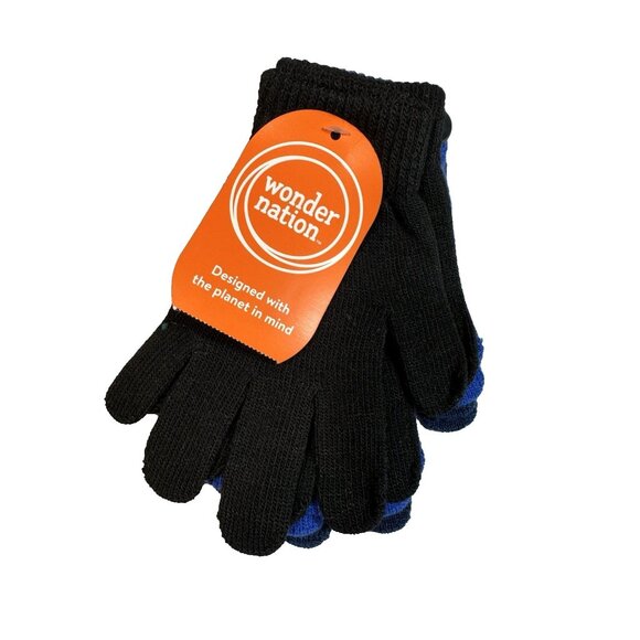 wonder nation kids 3 pack of knitted gloves one size black blue - Picture 1 of 3